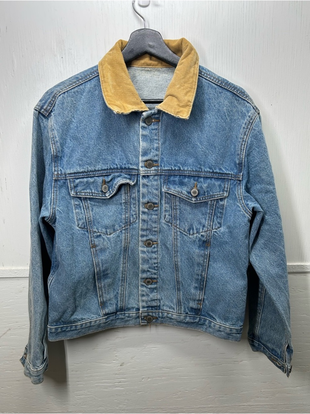 Women’s Blue Denim Jacket with Tan Corduroy Collar